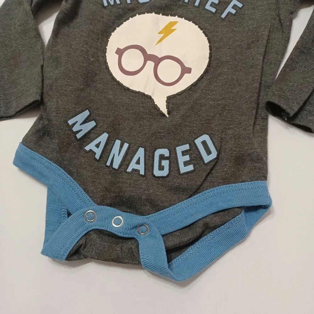 Harry Potter Unisex NB Bodysuit Mischief Managed Heathered Grey Blue Snap Button